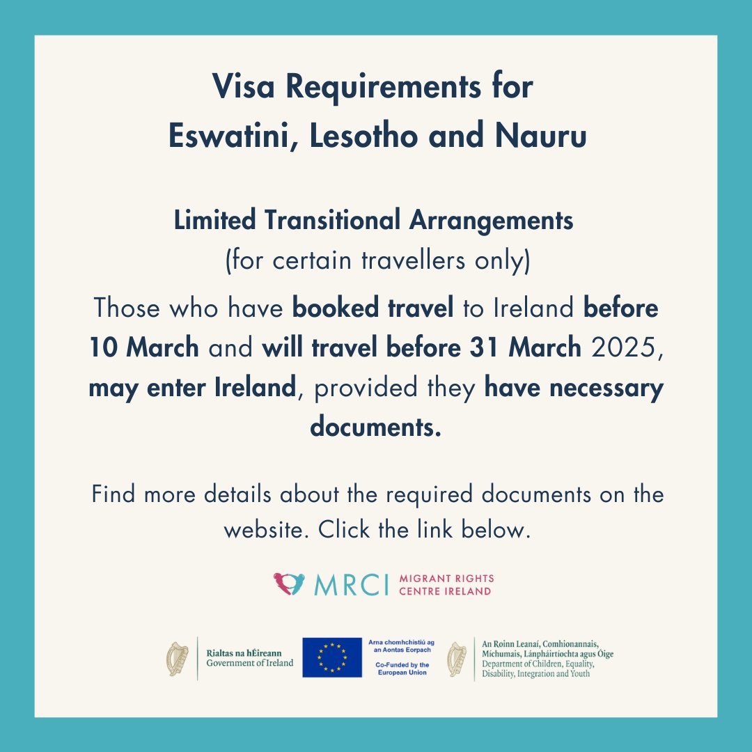 🌍 Visa Requirements for Eswatini, Lesotho, and Nauru Nationals Travelling to Ireland 🇮🇪✈️
🔑 Important Note: Limited Transitional Arrangements (for certain travellers)
For more details, click here: mrci.ie/2025/03/11/vis…
#Eswatini #Lesotho #Nauru #MigrantRights