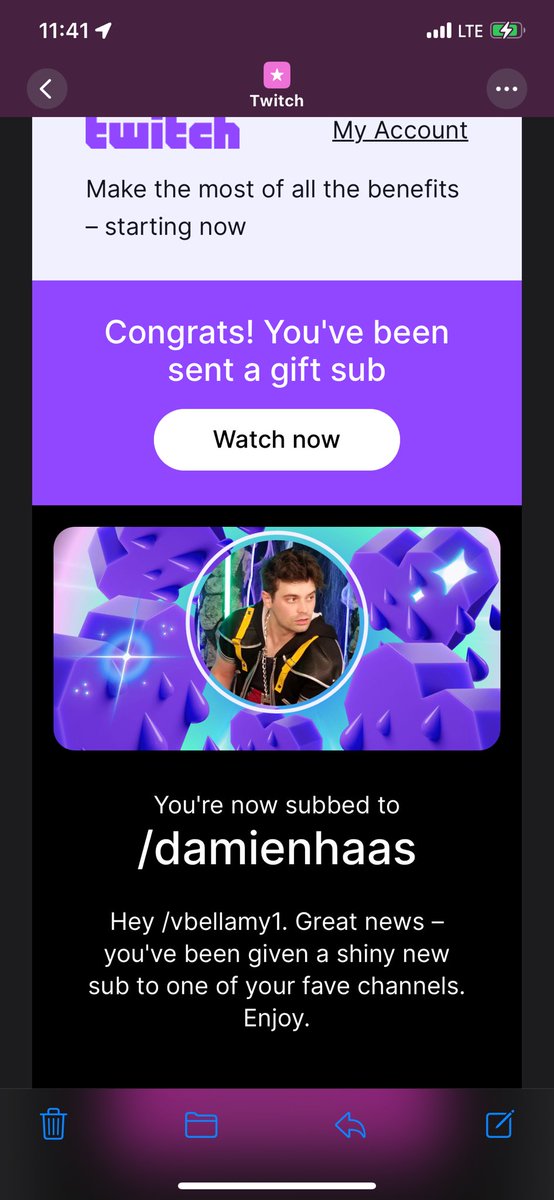 vbellamy12's tweet photo. i use twitch literally twice a year who sent me a gift sub this is actually so funny to me https://t.co/AhudVondC8