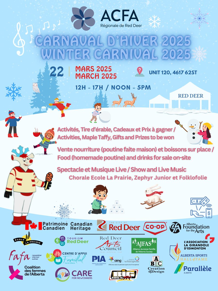 🎉 Annonce spéciale! 
📷 Notre Carnaval d'Hiver annuel aura lieu le 22 mars 2025 de 12 h à 17 h! 📷 
📷 Lieu: 4617 62 Street, Unité 120. Préparez-vous à créer des souvenirs inoubliables! 📷
#CarnavalHiver #RedDeer