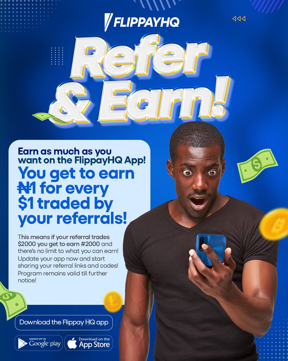Earn unlimited amount of money in the FlippayHQ refer and earn campaign! 
#crypto #cash #cryptotonaira

Download the FlippayHQ app from the link in bio!