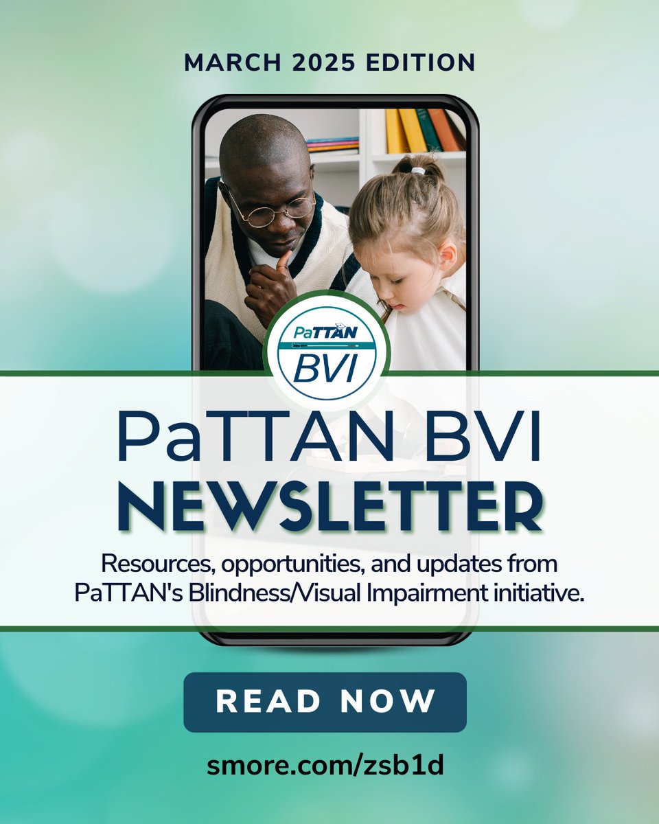 pattanupdates's tweet image. 🌟Do you work with a student who is #Blind or has #LowVision?

Check out the #PaBVI Newsletter for the latest on #OrientationAndMobility, state updates, resources, and events!

Read March's edition here: secure.smore.com/zsb1d

#SpecialEducationInPA #VisualImpairment #Blindness