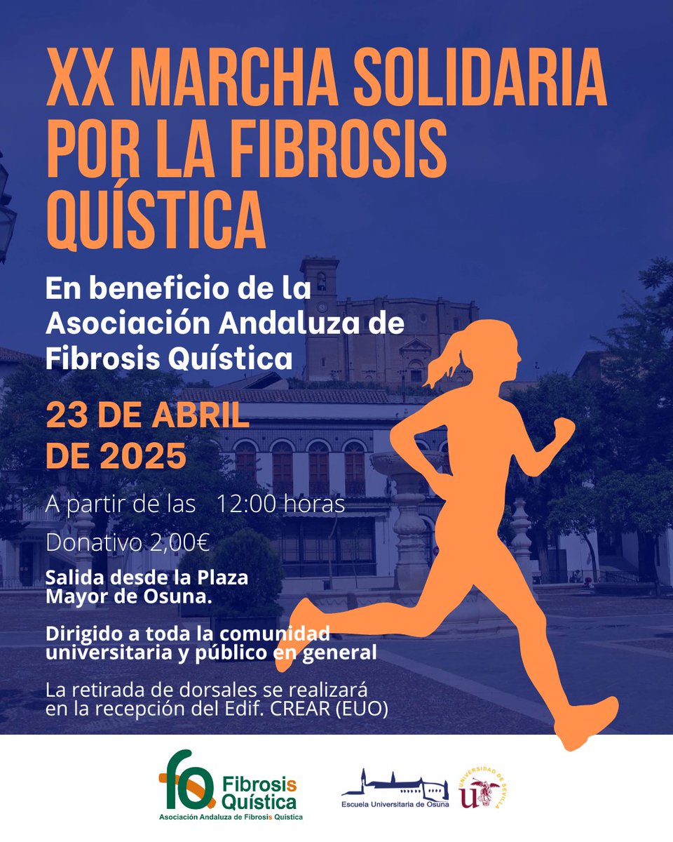 🏃‍♂️💙 ¡Únete a la XX Marcha Solidaria por la Fibrosis Quística!

📅 23 de abril de 2025
⏰ 12:00 h
📍 Plaza Mayor de Osuna

🎟 Donativo: 2€ 

Retirada de dorsales en Edificio CREAR (EUO)

Inscríbete aquí docs.google.com/forms/d/1I98hl…

#MarchaSolidaria #Osuna #FibrosisQuística 💙