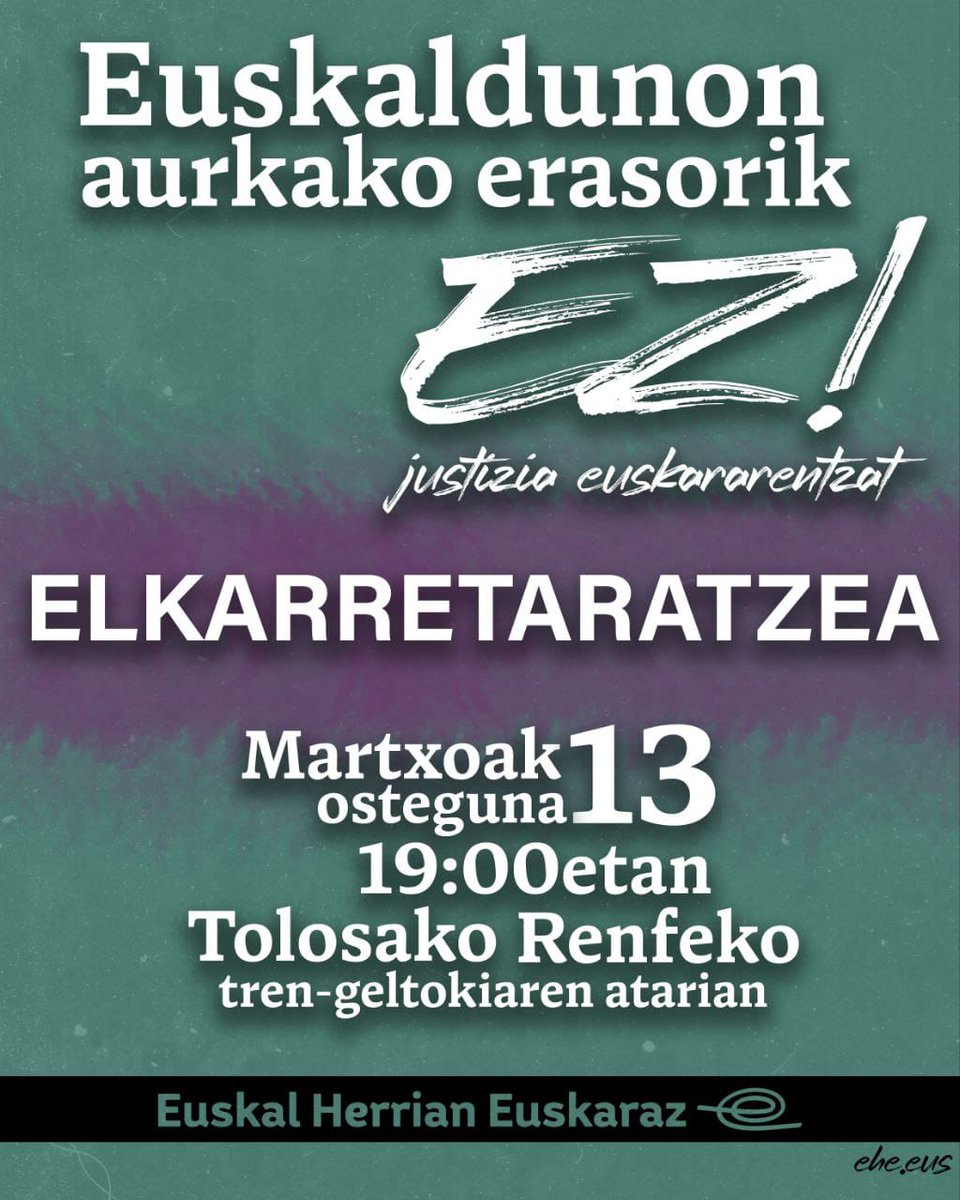 ✔️ ELAk bat egiten du <a href="/EHEbizi/">Euskal Herrian Euskaraz</a>|k Tolosako <a href="/Renfe/">Renfe</a>|ko segurtasun-agentearen erasoa salatzeko deitutako elkarretaratzearekin. 
 
🗓️ Martxoak 13, osteguna, 19:00etan.

📍 Tolosako Renfeko geltokiaren atarian.

✋ Euskaldunon aurkako erasorik EZ!

#JustiziaEuskararentzat