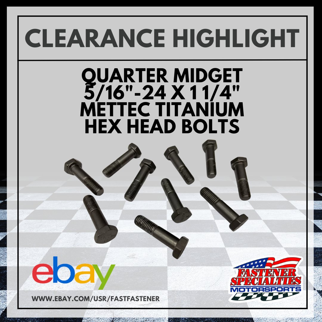ATTENTION QUARTER MIDGET TEAMS!
5/16"-24 x 1 1/4" Mettec Titanium Hex Head Bolts
Only $48 for a Set of 10!
We have 8 sets currently available.
Purchase Here--> ebay.com/itm/2255267909…