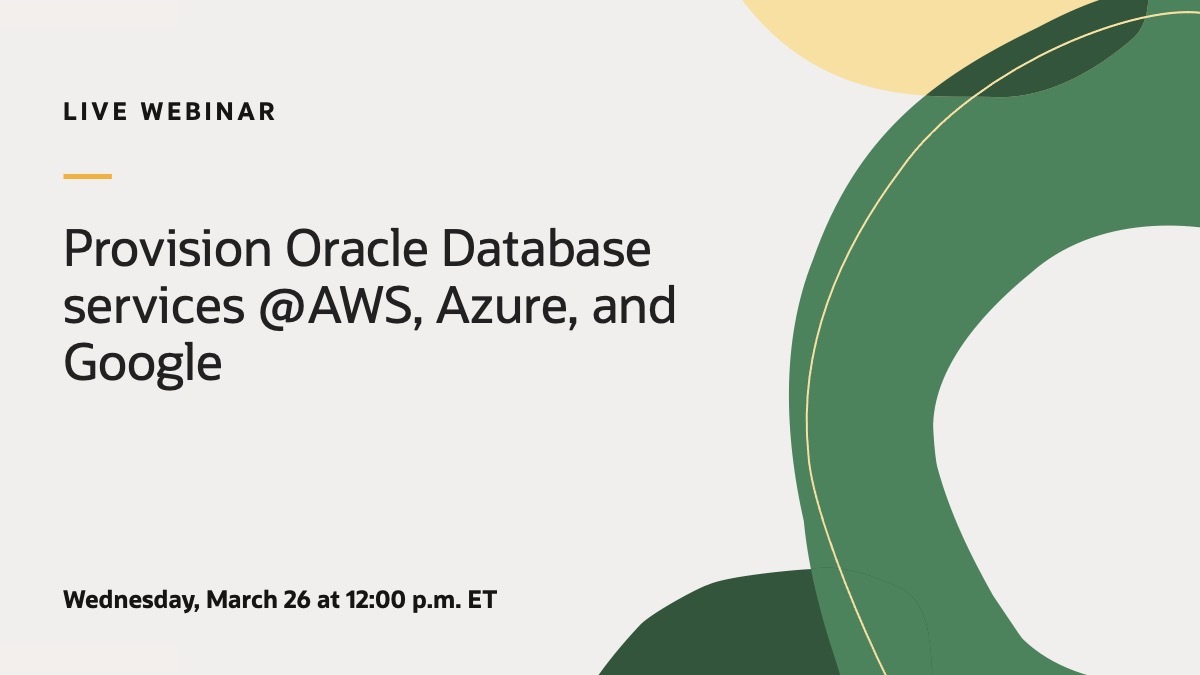Oracle Database (@oracledatabase) on Twitter photo Learn about the best practices to provision Oracle Database services on <a href="/Azure/">Microsoft Azure</a>, <a href="/awscloud/">Amazon Web Services</a>, and <a href="/googlecloud/">Google Cloud</a>, using Autonomous Database and <a href="/OracleExadata/">Oracle Exadata</a> Database Service. social.ora.cl/601101NwH Learn about the best practices to provision Oracle Database services on <a href="/Azure/">Microsoft Azure</a>, <a href="/awscloud/">Amazon Web Services</a>, and <a href="/googlecloud/">Google Cloud</a>, using Autonomous Database and <a href="/OracleExadata/">Oracle Exadata</a> Database Service. social.ora.cl/601101NwH