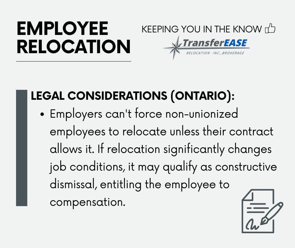 TransRelo's tweet image. In Ontario, non-unionized employees can't be forced to relocate unless their contract allows it. If a move significantly changes job conditions, it may be constructive dismissal, entitling the employee to compensation. Clear policies and support can help prevent disputes. #HR