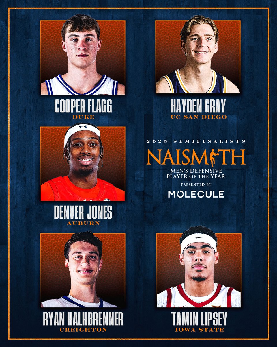 NaismithTrophy's tweet photo. Lockdown defenders 🔒

Introducing our 2025 Naismith Men’s College Defensive Player of the Year Semifinalists, presented by @moleculesleep 💫

#MOLECULENaismith2025 | #MOLECULEsleep https://t.co/OufX09AVzQ