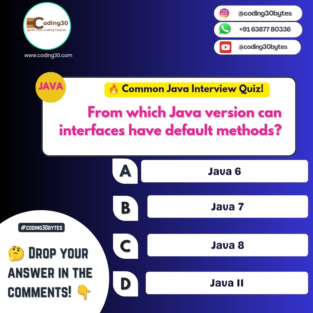 im_coding30's tweet image. Think you know the answer? Drop it in the comments! And follow me more website templates, project source code and more coding knowledge
#java #javainterviewquestions #programming #codenewbie #learnjava #techinterviews #softwareengineer #codinglife #javatips