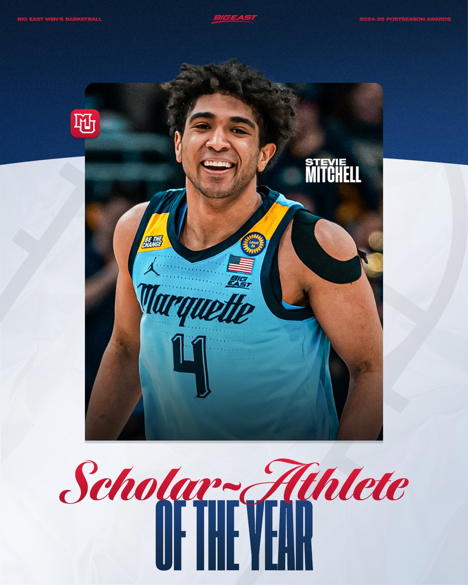BIG EAST MBB (@bigeastmbb) on Twitter photo Back to back for <a href="/MarquetteMBB/">Marquette Basketball</a>
<a href="/StevieM259/">Stevie Mitchell</a> is the 2025 BIG EAST Scholar-Athlete of the Year! Back to back for <a href="/MarquetteMBB/">Marquette Basketball</a>
<a href="/StevieM259/">Stevie Mitchell</a> is the 2025 BIG EAST Scholar-Athlete of the Year!