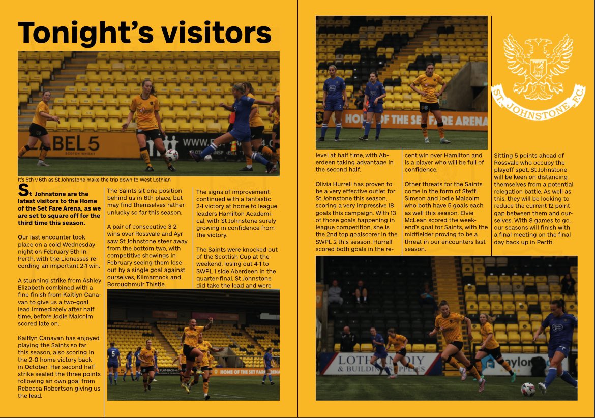 📖 𝐑𝐎𝐀𝐑: 𝐋𝐢𝐯𝐢𝐧𝐠𝐬𝐭𝐨𝐧 𝐯𝐬 𝐒𝐭 𝐉𝐨𝐡𝐧𝐬𝐭𝐨𝐧𝐞

You can view our matchday programme by following the link below, with a feature on winger Erin Burns, a look at tonight’s visitors and more!

🔗 indd.adobe.com/view/71666ee9-…