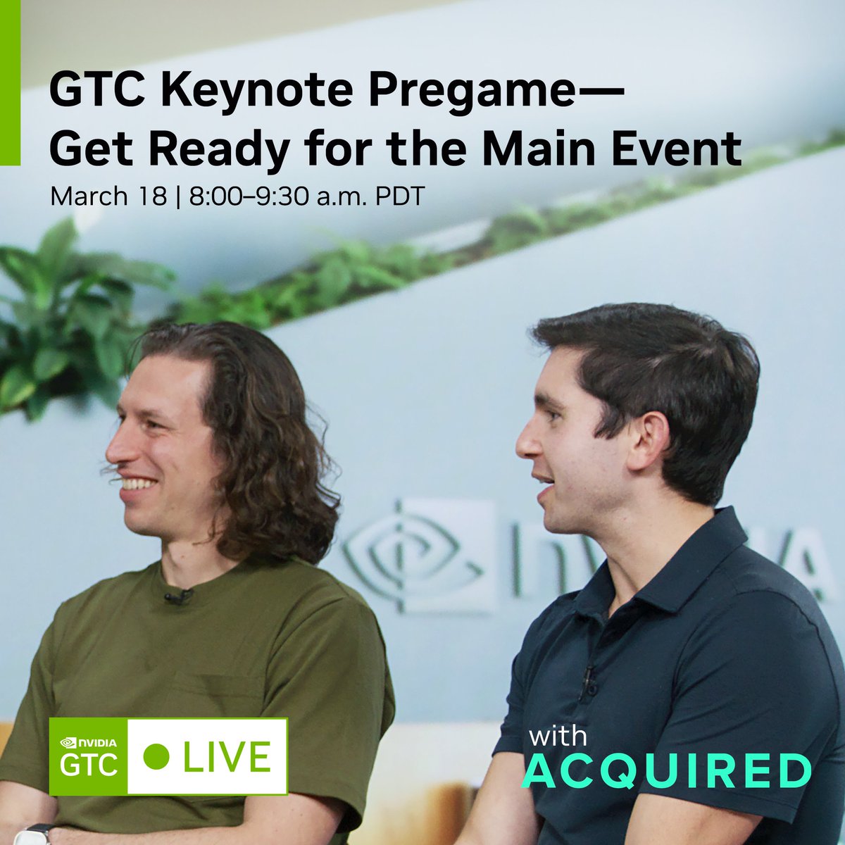 NVIDIA GTC (@nvidiagtc) on Twitter photo GTC attendees*: Start keynote day early at the SAP Center to enjoy breakfast from <a href="/DennysDiner/">Denny’s</a>, special surprises and a live pregame broadcast hosted by <a href="/AcquiredFM/">Acquired Podcast</a>, feat. exclusive guests.
🍳 Breakfast: 6:30 AM
🎙️ “Live at GTC With Acquired”: 8:00 AM.
🔊 Jensen's Keynote: 10 AM GTC attendees*: Start keynote day early at the SAP Center to enjoy breakfast from <a href="/DennysDiner/">Denny’s</a>, special surprises and a live pregame broadcast hosted by <a href="/AcquiredFM/">Acquired Podcast</a>, feat. exclusive guests.
🍳 Breakfast: 6:30 AM
🎙️ “Live at GTC With Acquired”: 8:00 AM.
🔊 Jensen's Keynote: 10 AM