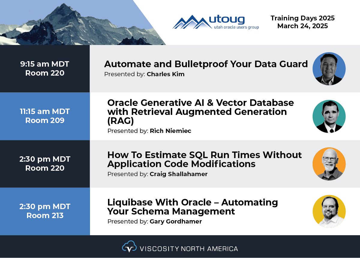 ViscosityNA's tweet image. #UTOUGTrainingDays2025 – Day 2 Highlights!
🔹#DataGuard - @racdba
🔹#GenerativeAI &amp;amp; Vector Database with RAG - @richniemiec
🔹Estimating #SQL Times – Craig Shallahamer
🔹Liquibase &amp;amp; Schema Management - Gary Gordhamer
 
🔗 bit.ly/4bv73Kj
@oracleace @utoug #vna #OraPub