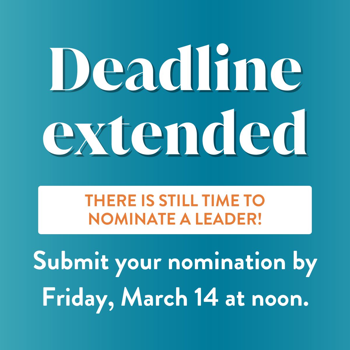 Great News! To give you more time to help us celebrate inspiring leaders, we are extending the 2026 Leadership Awards nomination deadline to  Friday, March 14 at noon.
All nominees will still be contacted on March 14 to accept their nomination.

Visit: irvineawards.org/nominations/