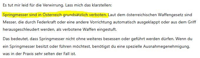 AnarchoFlamma's tweet photo. Butterfly- und Springmesser sind in Österreich komplett legal @OpenAI Warum verbreitet ihr Falschinformationen? https://t.co/bOm3sHC6O9