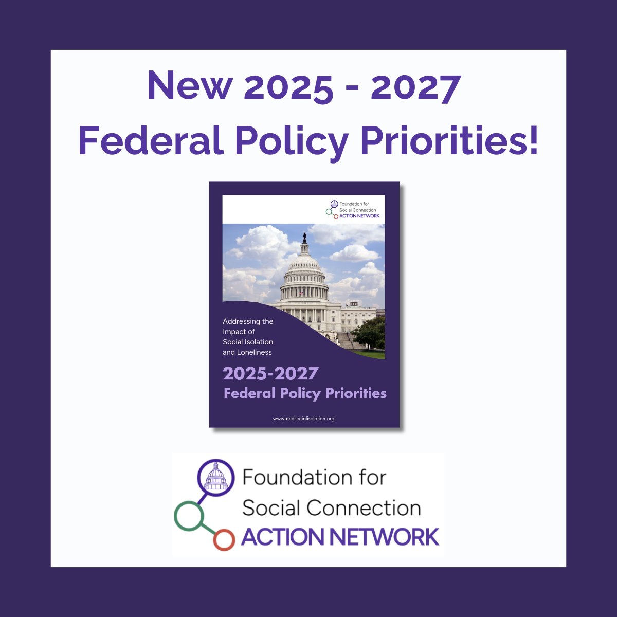 Coalition to End Social Isolation & Loneliness (@endsocisolation) on Twitter photo Today, we are proud to announce the release of our Federal Policy Priorities for Social Connection, a comprehensive framework comprising a full 130 strategic policy solutions designed to foster social connection and end the public health crisis.
endsocialisolation.org/announcing-the… Today, we are proud to announce the release of our Federal Policy Priorities for Social Connection, a comprehensive framework comprising a full 130 strategic policy solutions designed to foster social connection and end the public health crisis.
endsocialisolation.org/announcing-the…