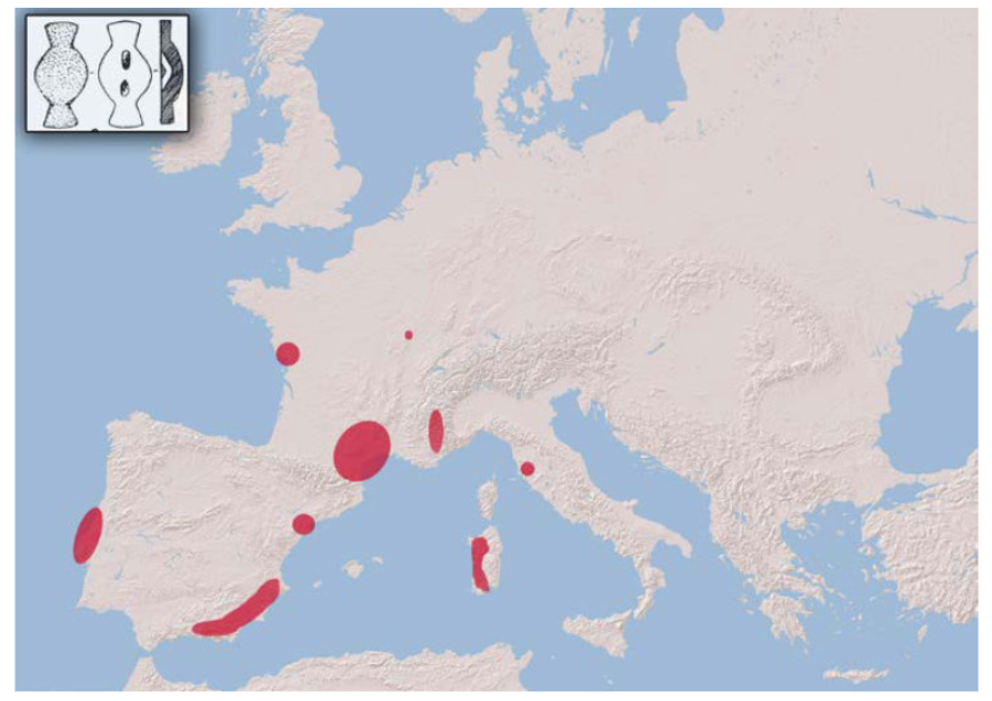 Map of the diffusion of "en tortue" type buttons in Bell Beaker Europe, c. 24th-21st century BC.