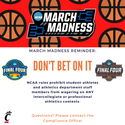 Happy March! Reminder that it is impermissible for student-athletes and athletics staff to wager on March Madness. This includes entry fees to bracket challenges, even with your friends!!