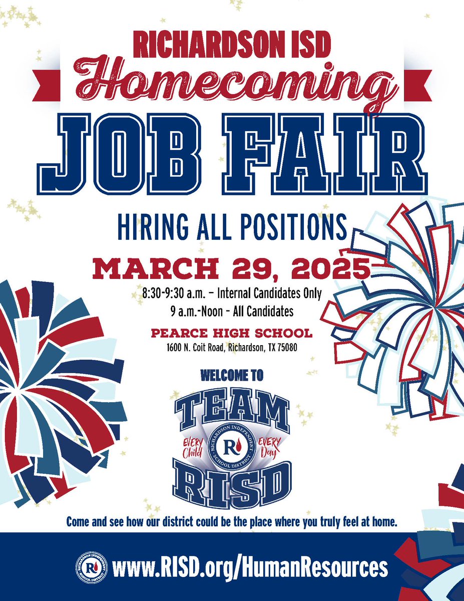 Excited to take the next step in your career?  Join us at Richardson ISD's Homecoming Job Fair on March 29!  We're hiring for all positions. 
 
Discover why Richardson ISD could be your next professional home. Mark your calendars and we'll see you there!  #RISDBeTheOne