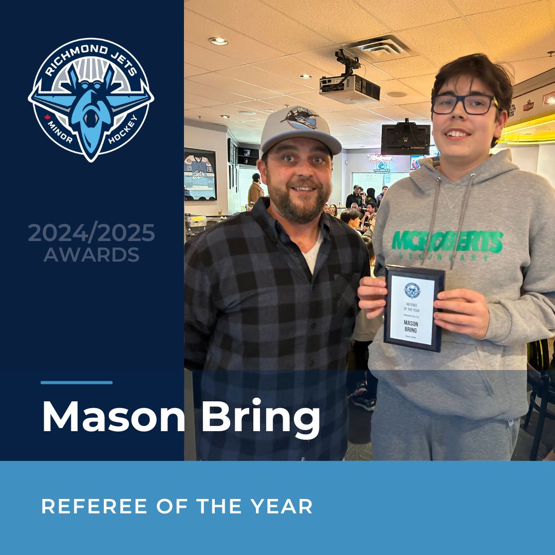 RichmondJetsMHA's tweet photo. Big congrats to Mason Bring, our Referee of the Year! Always the first to step up, eager to help, and leading the pack with the most games for the association. Mason’s ongoing growth and dedication as an official are truly impressive. Way to go! #richmondjetsmha #refereeoftheyear https://t.co/eY5n92VuUe