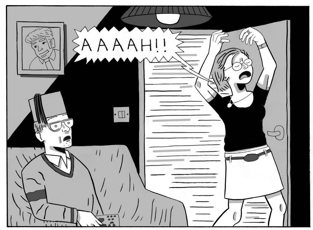 Cliff, from my graphic novel THERE’S NO TIME LIKE THE PRESENT, always wears a fez when he watches Doctor Who, something I drew him doing in 2006, years before Matt Smith did it. I sometimes wonder if someone from the show saw the small press version of I produced back in the day.