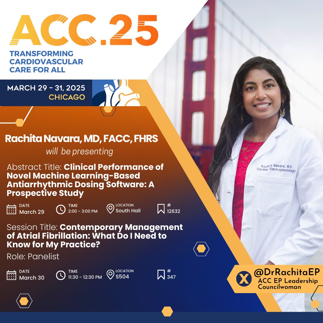 Rachita Navara, MD FACC FHRS (@drrachitaep) on Twitter photo Countdown to #ACC25 in Chicago! Honored to participate in a panel among leaders in our field on advancing cardiovascular innovation, and present the latest <a href="/SafeBeat/">SafeBeat Rx</a> research on how our AI software streamlines antiarrhythmic workflows. See you there! <a href="/ACCinTouch/">American College of Cardiology</a> <a href="/JACCJournals/">JACC Journals</a> Countdown to #ACC25 in Chicago! Honored to participate in a panel among leaders in our field on advancing cardiovascular innovation, and present the latest <a href="/SafeBeat/">SafeBeat Rx</a> research on how our AI software streamlines antiarrhythmic workflows. See you there! <a href="/ACCinTouch/">American College of Cardiology</a> <a href="/JACCJournals/">JACC Journals</a>