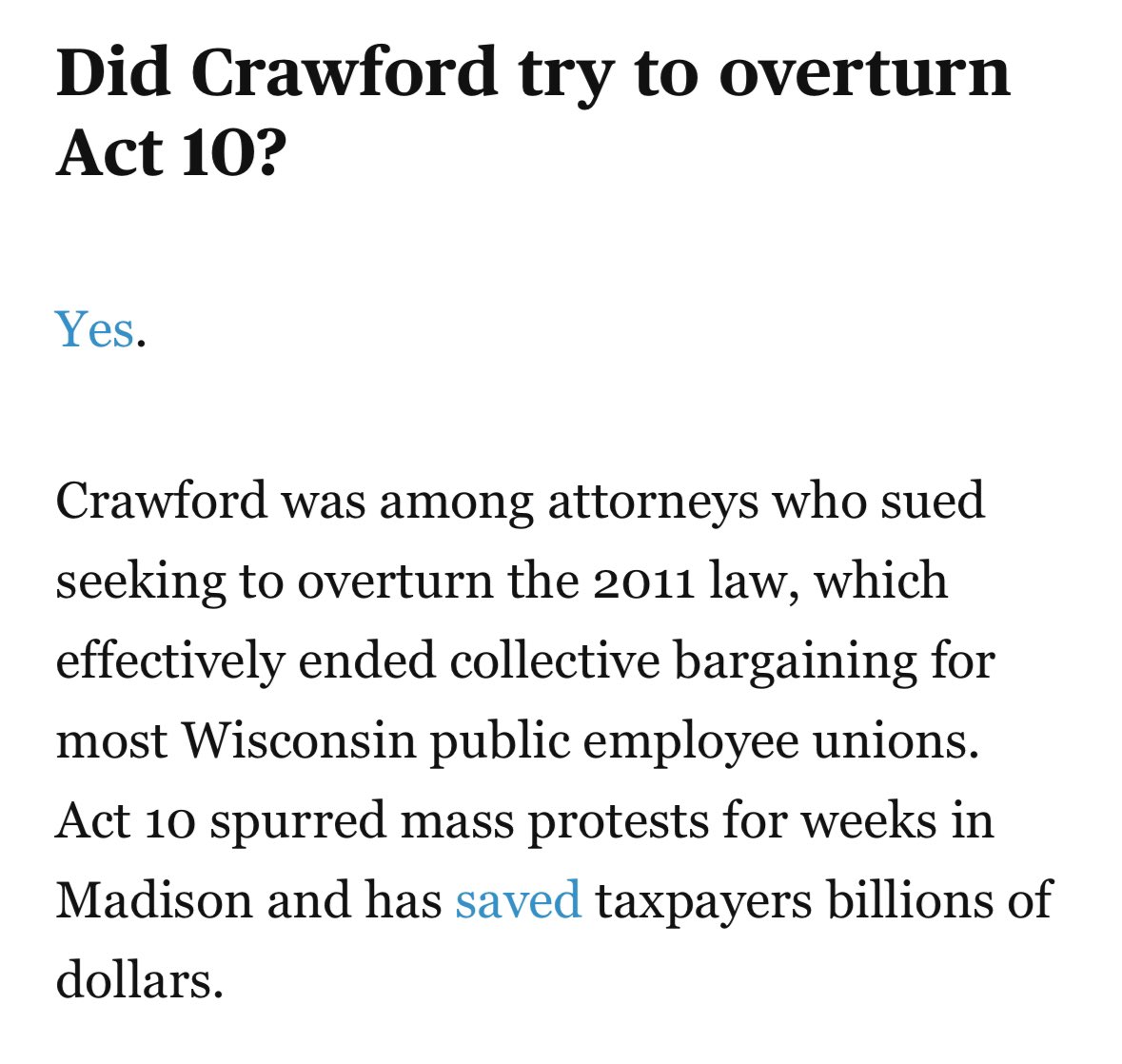 WisGOP's tweet image. Act 10 has saved Wisconsin BILLIONS of dollars and kept more money in Wisconsinites’ pockets, but Susan Crawford sued to have Act 10 overturned. On the Supreme Court, she will destroy Act 10.