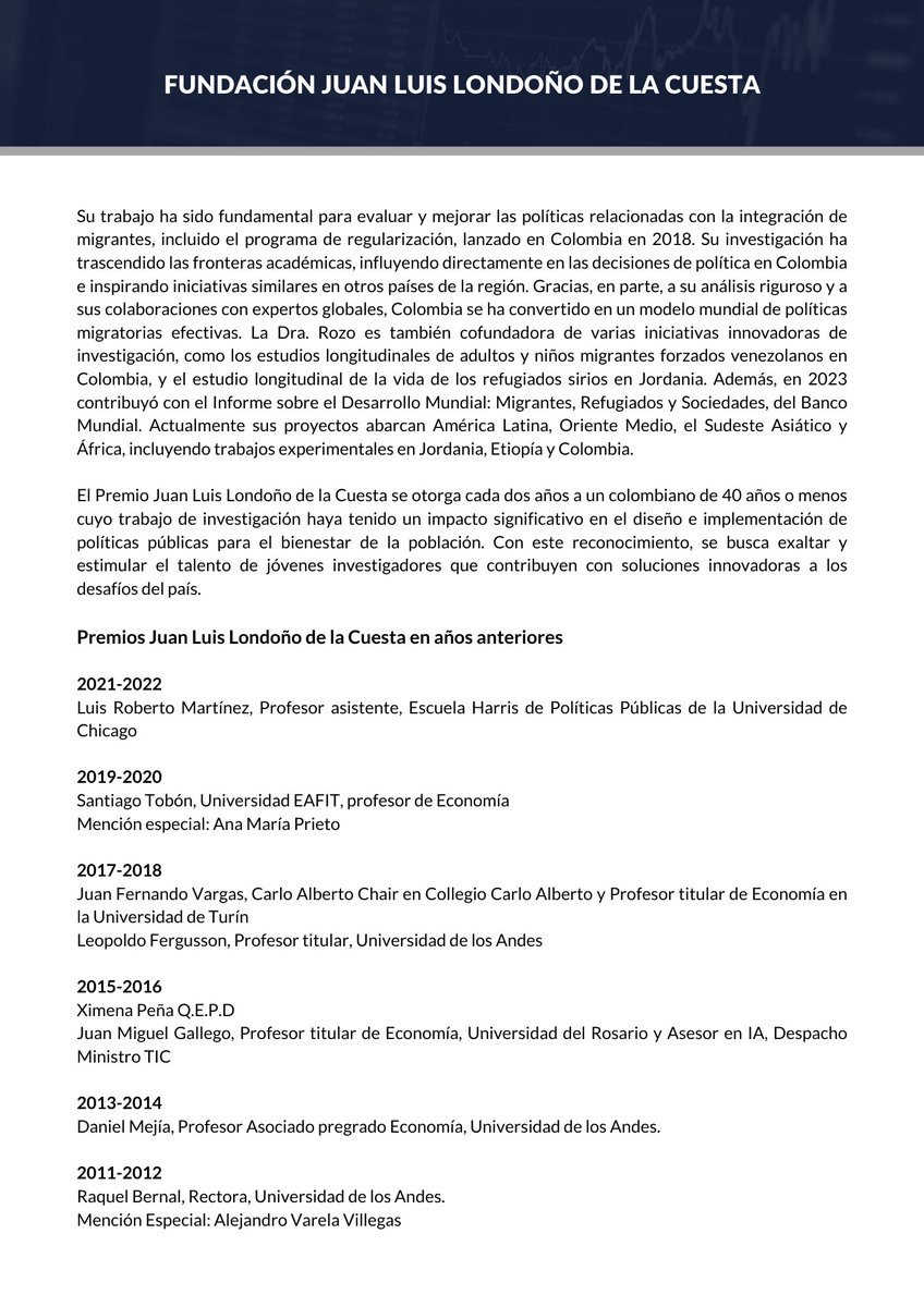 Fedesarrollo's tweet photo. 🏆 Mañana se entrega el Premio Juan Luis Londoño de la Cuesta 2024

📅 Este jueves 13 de marzo, Sandra Rozo recibirá el Premio Juan Luis Londoño de la Cuesta, un reconocimiento que se otorga cada dos años a investigadores colombianos menores de 40 años cuyo trabajo ha impactado el diseño e implementación de políticas públicas.

👏 Sandra Rozo, economista de la Universidad de los Andes y doctora en Economía de UCLA, ha sido destacada por sus investigaciones sobre migración forzada y sus efectos en la sociedad. Actualmente, es Economista Senior en el Banco Mundial.