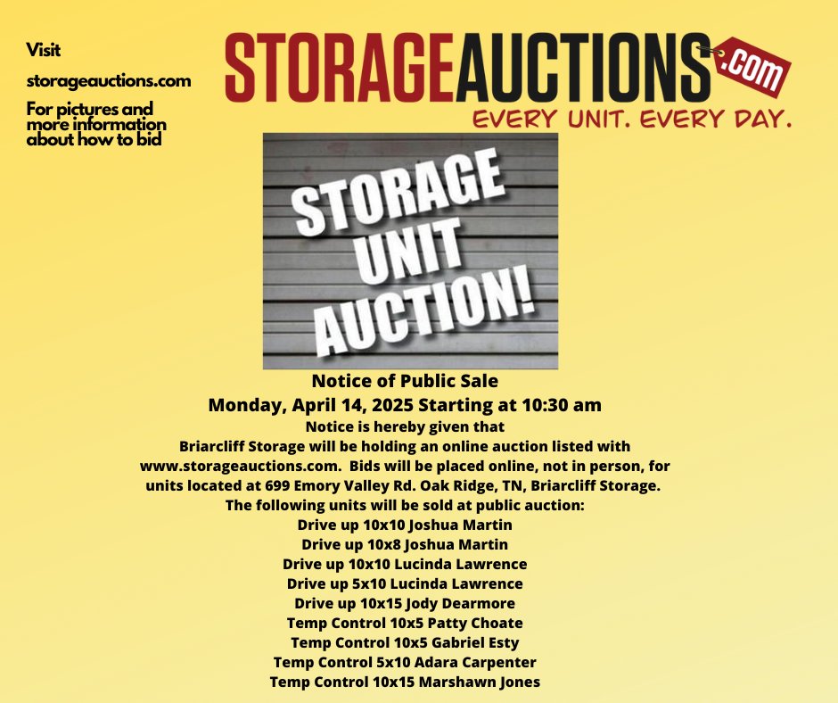 BriarStoragUnit's tweet image. Online Storage Unit Auction coming Monday, April 14, 2025. More info and photos coming soon to storageauctions.com 😲

📞 Call or Rent Online Today
👍 Taller Ceilings
🔒 Free High Security Lock
😎 Heated &amp;amp; Cooled Units

#storageunitsoakridgetn 
#storageunitsnearme
