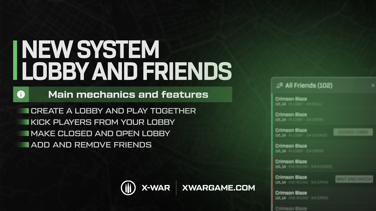 🔥  «The upcoming update is already on its way! We are telling you about the details of the new „Lobby and Friends System“!»

 👉  Main mechanics:
• Find, add, and form a list of friends;
• Create a lobby, make it open or closed;
• Exclude a player or transfer rights to the