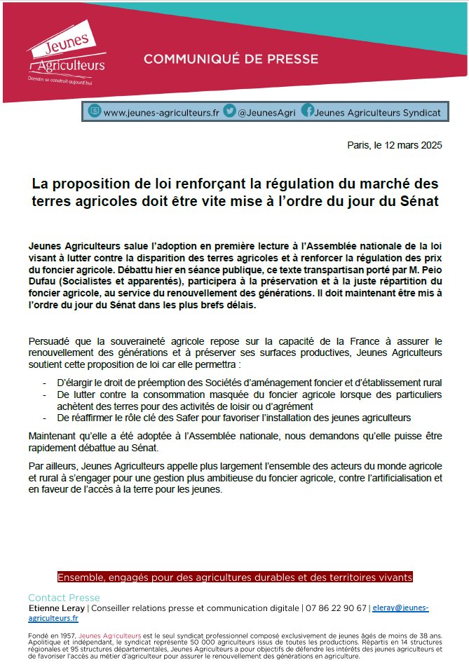 [#CP] 📣🚨La proposition de loi renforçant la régulation du marché des terres agricoles doit être vite mise à l’ordre du jour du Sénat
Notre communiqué 👇
urlr.me/cNZ2vm