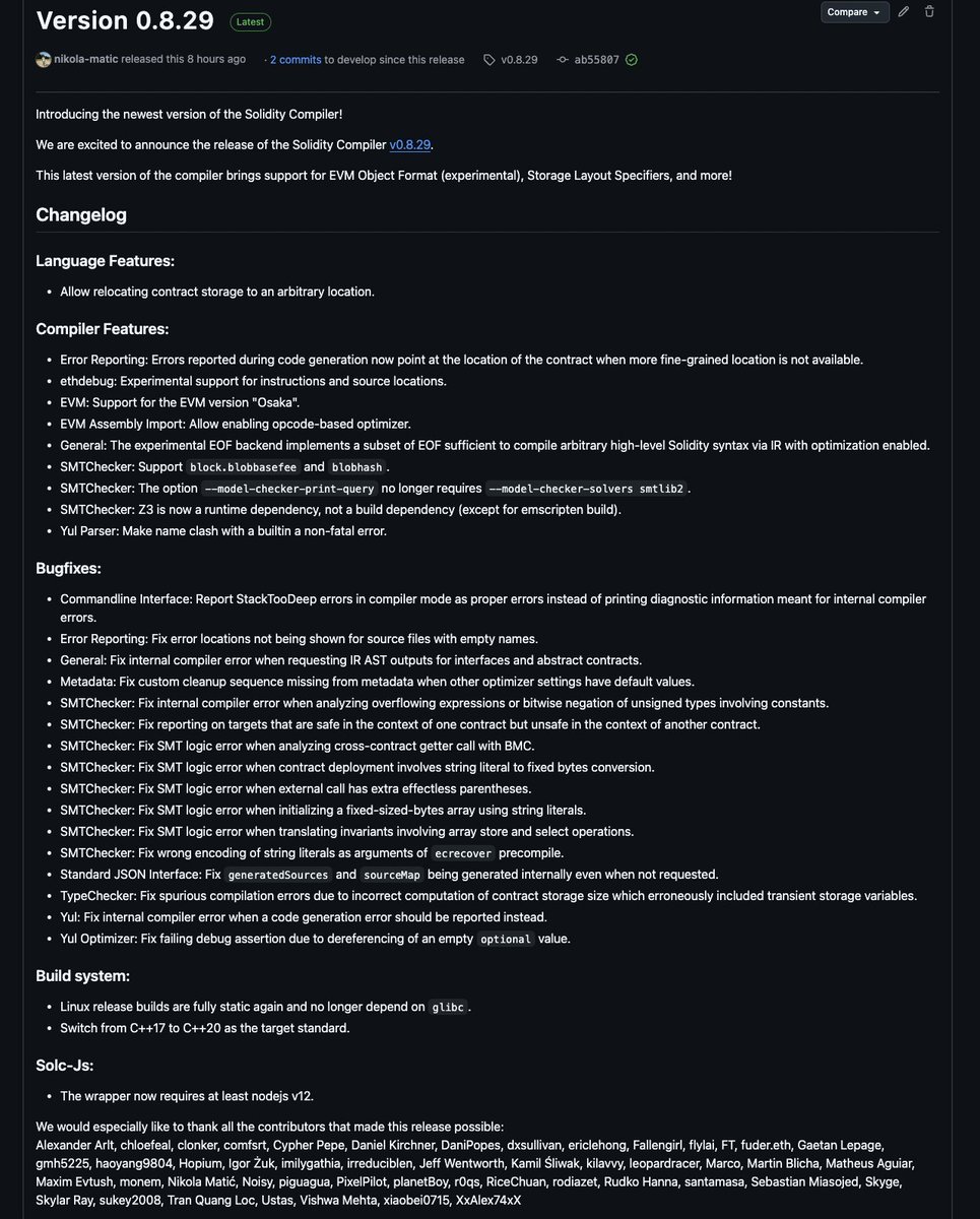 We are thrilled to release Solidity v0.8.29!

This version of the compiler brings support for EVM Object Format (experimental), custom storage layouts, ethdebug, and more.

📝 Blog: soliditylang.org/blog/2025/03/1…
💾 GitHub: github.com/ethereum/solid…

Follow along for notable features 🧵↓