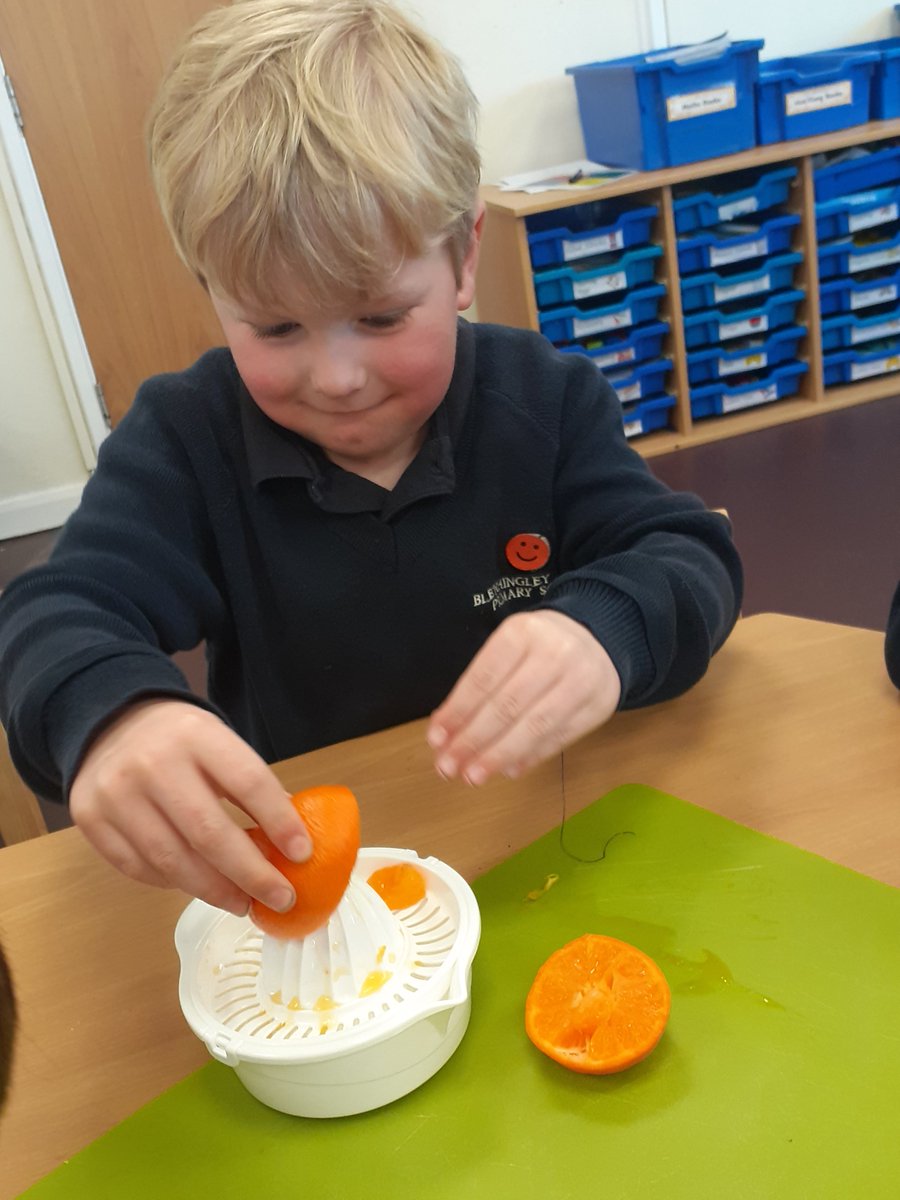 In DT, year 1 have been practising food preparation skills by learning to use a fork to hold foods when cutting, use a table knife to cut soft foods and use a juicer to get juice from fruits.
