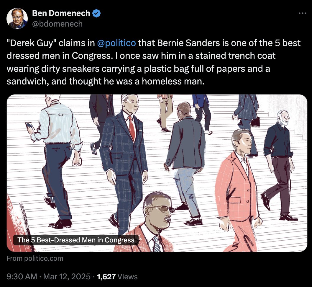 Meghan McCain's husband blocked me, so I can't retweet (also my mom got really excited once when I told her that Meghan McCain's husband tweeted about me). But this sort of attitude is why some people will never be stylish. Let's talk about Bernie Sanders's style. 🧵