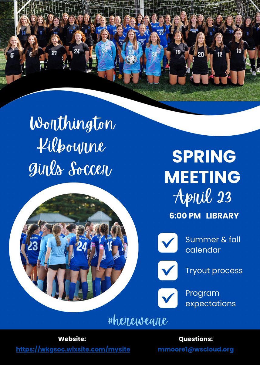 Join us April 23rd at 6:00pm in the library for our Spring Meeting! Parents &amp; athletes should both plan to attend! #wkgsoc25 #hereweare