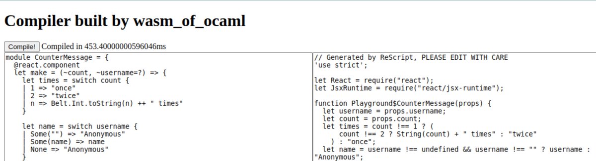 KrComet's tweet image. Experimented with wasm_of_ocaml build for @rescriptlang compiler

It gave almost 3x faster performance than the original js_of_ocaml build! 🔥