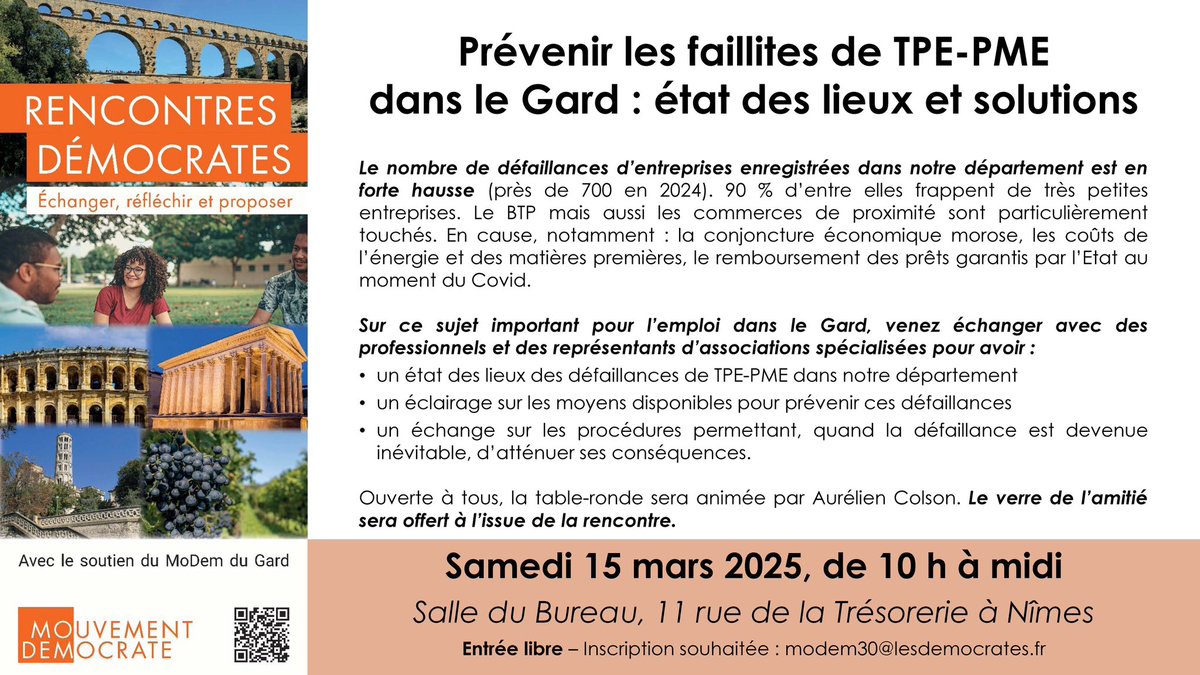 MoDem_Gard's tweet image. « Prévenir les faillites de TPE-PME dans le Gard » : thème de notre 2ème Rencontre démocrate. 

Une table-ronde ouverte à tous pour s’informer, échanger et proposer.

Ce samedi 15 mars de 10h à midi à Nîmes.