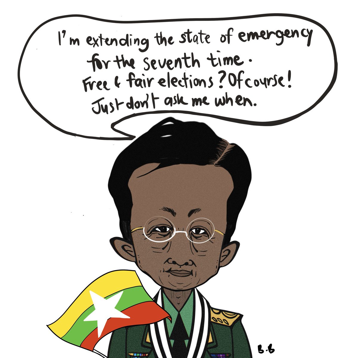 After countless renewals of the state of emergency, the junta suddenly feels like holding "free and fair" elections? 😑
 
Cartoon by <a href="/BeastBurmese/">BB</a> 

#Cartoons #Cartoonists #FreeMyanmar #PoliticalCartoons #Satire #ArtAsResistance #PressFreedom #JusticeForMyanmar #AvecToiMyanmar