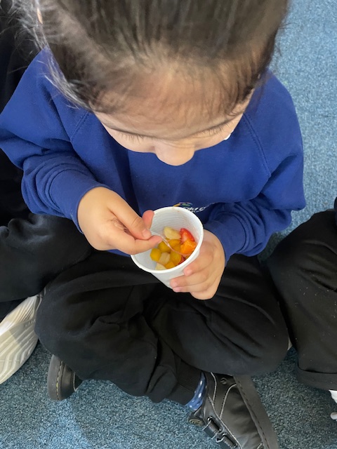 As part of our design and technology week, the children in the nursery have been making fruit salad. They also got to eat their fruit salad and said it was delicious!