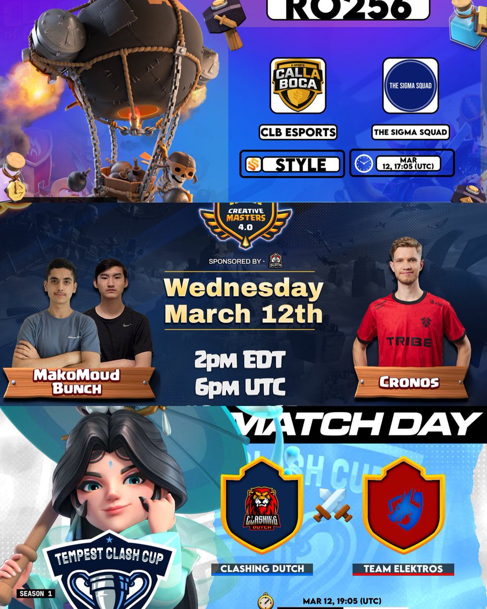 🟣 LIVEEEEEEE!

Triple Guerraza para el Día de Hoy! 😍

🏆 TEC | CMS | TCC

✅ CLB Esports 🆚 The Sigma Squad
✅ Cronos 🆚 MakoMoud &amp; Bunch
✅ Team Elektros 🆚 Clashing Dutch

TODO el MUNDO para DENTRO! ❤

📺 twitch.tv/style_coc