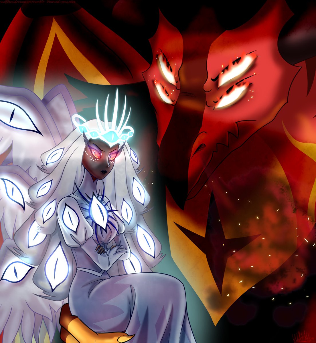 WolfKIce's tweet photo. Sera x Satan - Flaming Sight

What a nice coincidence that these two all have moment of their eyes on fire~ 
這兩人都有雙眼冒火的畫面阿～

#HelluvaBossSatan #HazbinHotelSera https://t.co/O4IS917d08