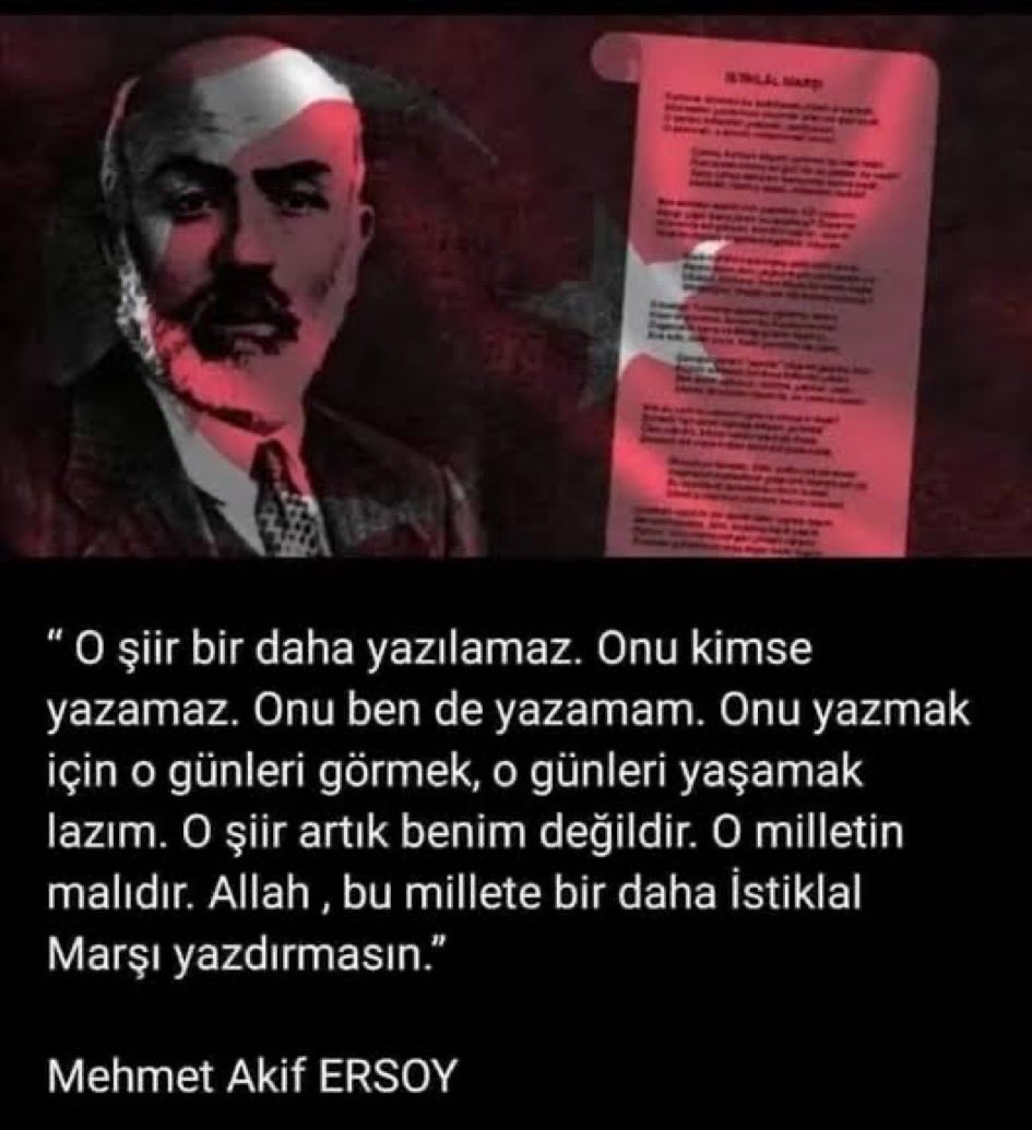 İstiklal Marşı'mızın kabulünün 104. yıl dönümünde, milli şairimiz Mehmet Akif Ersoy başta olmak üzere istiklal mücadelemizin tüm kahramanlarını rahmet, minnet ve saygıyla yâd ediyoruz.  

#istiklalmarşı #MehmetAkifErsoy