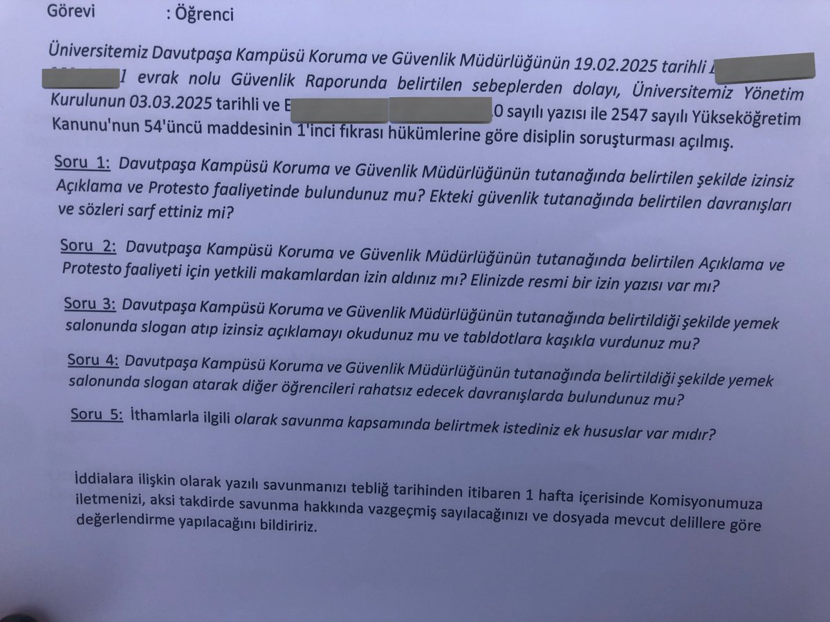 Yemek hakkını savunan arkadaşlarımız kayyum rektör eyüp debik’i çok korkutmuş olacaklar ki 12 arkadaşımıza soruşturma açıldı.

Bu soruşturmadan bir ceza veremeyeceğinizi siz de biliyorsunuz, öğrencilerinizden korkmayın :) korku o kadar da bulaşıcı bi şey değil bize sökmez!