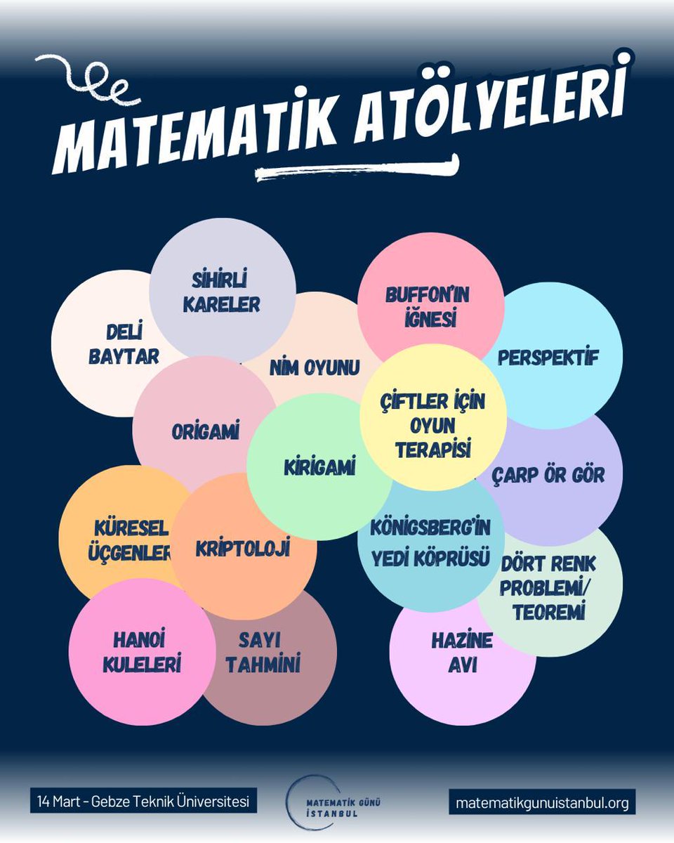 14 Mart'ta Gebze Teknik Üniversitesinde gerçekleşecek olan Matematik Günü'nde hem öğreneceğiniz hem de eğleneceğiniz çeşitli atölyeler olacak.🥳
Atölyeler hakkında detaylı bilgi almak ve etkinliğe kayıt olmak için internet sitesini ziyaret edebilirsiniz matematikgunuistanbul.org