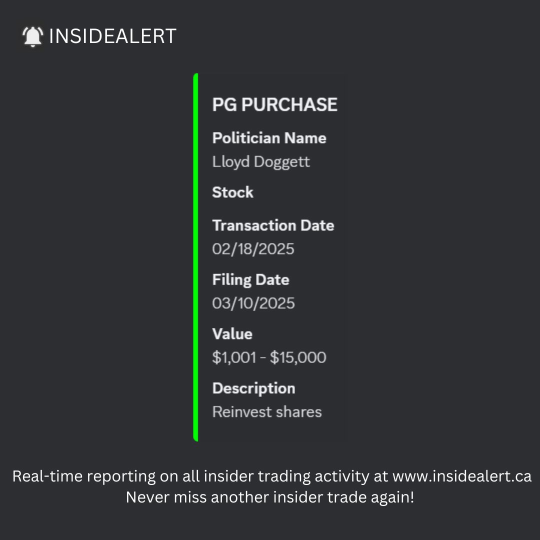 insidealertca's tweet image. On March 10, Lloyd Doggett filed a $PG purchase: