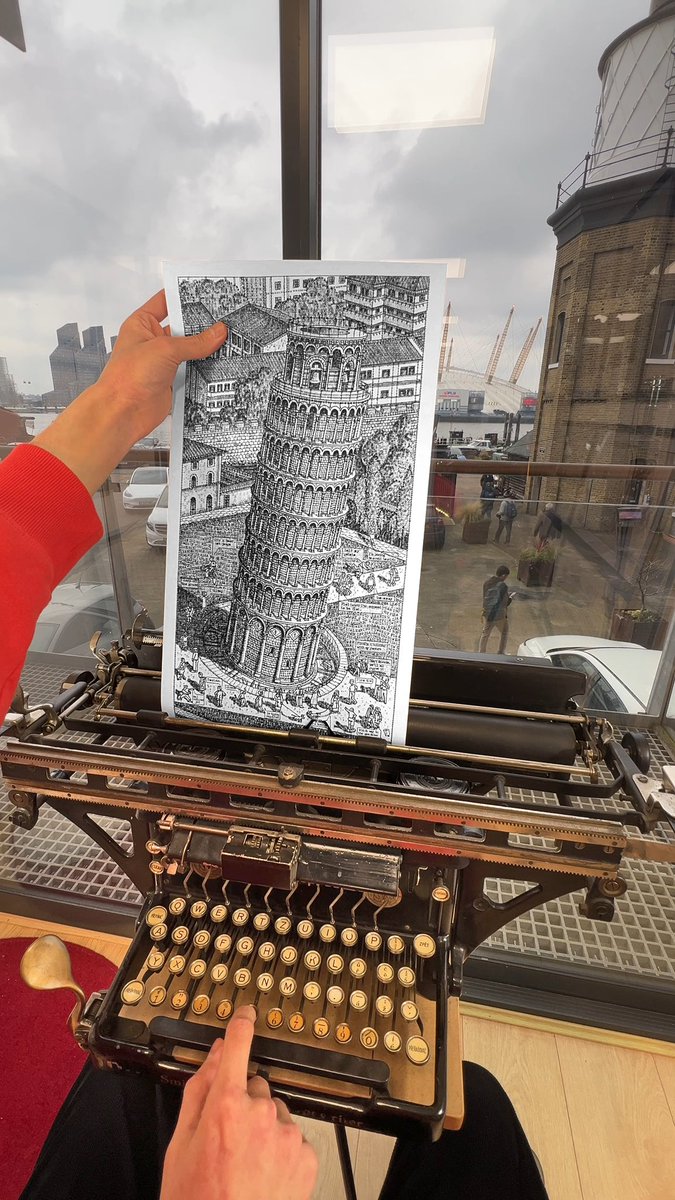 jjcook9628's tweet image. In 2001, my first family holiday was to Italy, where 5-year-old me became obsessed with the Leaning Tower of Pisa. My latest typewriter print celebrates this trip, with references from an old VHS tape including the ‘leaning tower of dustbins,’ a very real sight in Pisa #artist