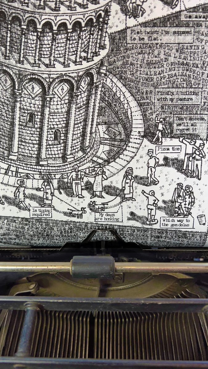 jjcook9628's tweet image. In 2001, my first family holiday was to Italy, where 5-year-old me became obsessed with the Leaning Tower of Pisa. My latest typewriter print celebrates this trip, with references from an old VHS tape including the ‘leaning tower of dustbins,’ a very real sight in Pisa #artist