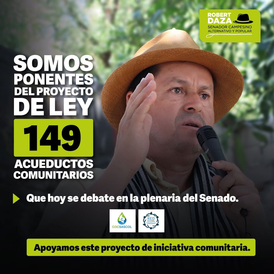 🕛En pocos minutos desde la plenaria del Senado de la República estaremos como ponentes del proyecto de Ley 149 de la Ley de la <a href="/RedNACC/">redacueductoscomunit</a> y COCSASCOL. Con este proyecto se reconoce la gestión comunitaria del agua y a las comunidades gestoras de todo el país. Aproximadamente 30.000
