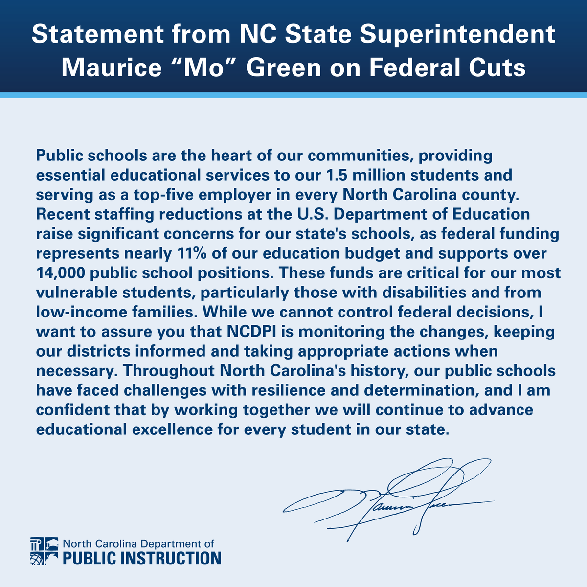 Public schools are the heart of our communities, providing essential educational services to our 1.5 million <a href="/ncpublicschools/">NC Public Schools</a> students and serving as a top-five employer in every North Carolina county. #nced #ncpol 
Full statement on <a href="/usedgov/">U.S. Department of Education</a> cuts ⬇️
