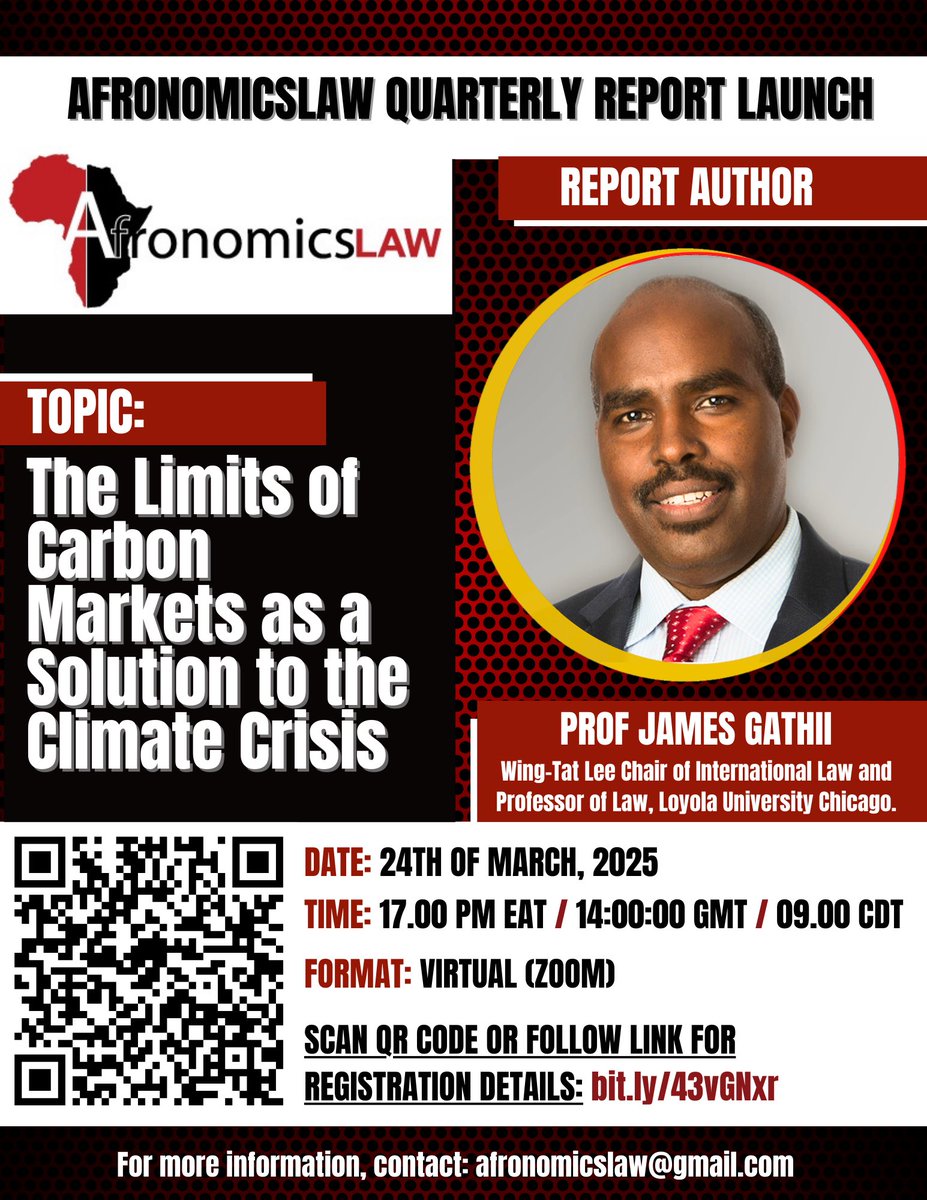 Afronomicslaw (@afronomicslaw) on Twitter photo Invitation - Afronomicslaw Quarterly Report Launch
Topic: The Limits of Carbon Markets as a Solution to the Climate Crisis by <a href="/JTGathii/">James Thuo Gathii</a>
Date: Monday, 24th March 2025
Zoom Registration Link ⬇️
Time: Chicago (USA – Illinois) 09:00 AM CDT London (United Kingdom – England) Invitation - Afronomicslaw Quarterly Report Launch
Topic: The Limits of Carbon Markets as a Solution to the Climate Crisis by <a href="/JTGathii/">James Thuo Gathii</a>
Date: Monday, 24th March 2025
Zoom Registration Link ⬇️
Time: Chicago (USA – Illinois) 09:00 AM CDT London (United Kingdom – England)