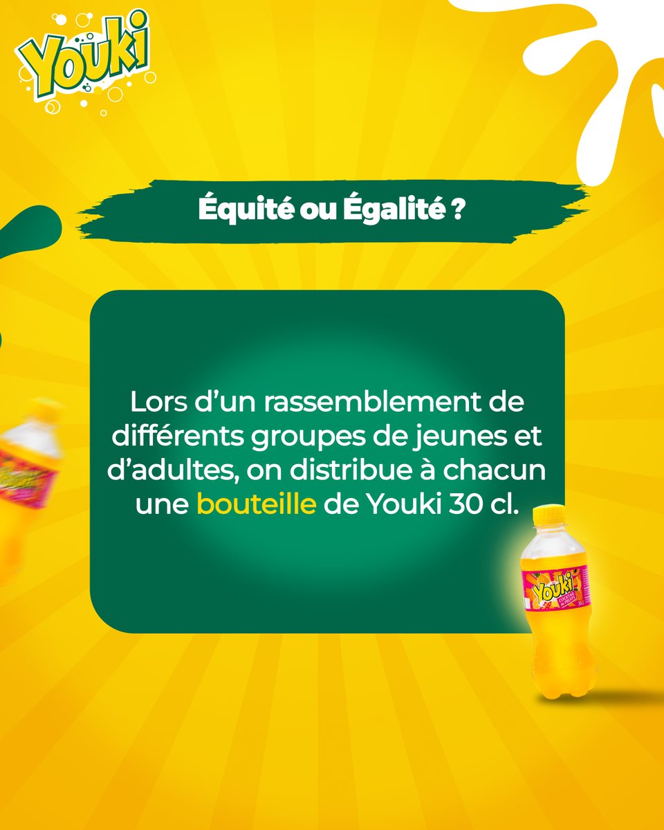 SobebraBJ's tweet photo. On distribue le même Youki 30 cl aux jeunes et aux adultes.
⚖️ Égalité ou équité ?
💛 pour Égalité | 🔁 pour Équité |💬 Explique ton choix !
#Youki #égalité #équité #SOBEBRA https://t.co/wAVtmRvrM0